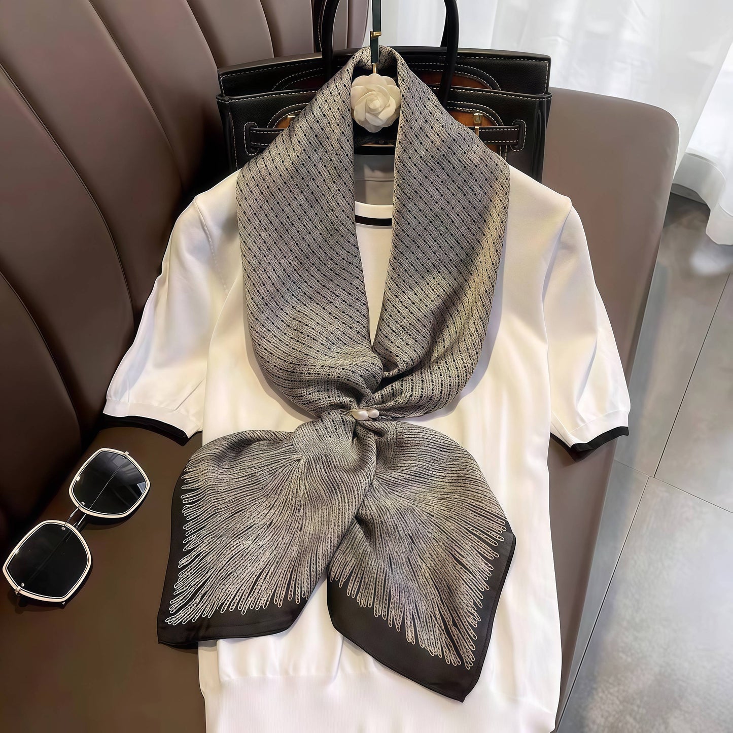 Square Scarf for Women 90x90cm - French Style Gray Scarf for Office, Travel & Beach, Elegant Wrap