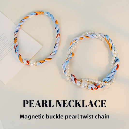 Women's Pearl Twist Magnetic Collarbone Chain - Polyester Braided Scarf Necklace, Light Luxury Summer Autumn Fashion Accessory, Elegant Neckwear