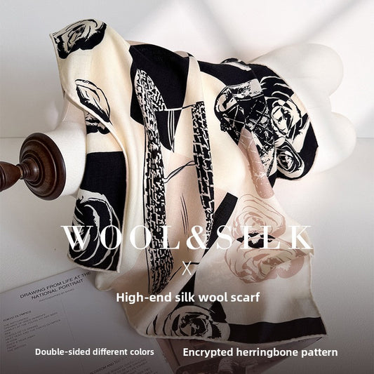 Premium Silk Camellia Scarf Women 65cm Black White French