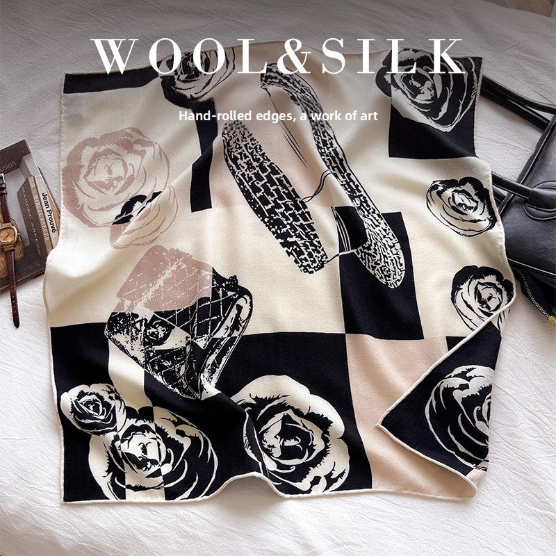 Premium Silk Camellia Scarf Women 65cm Black White French