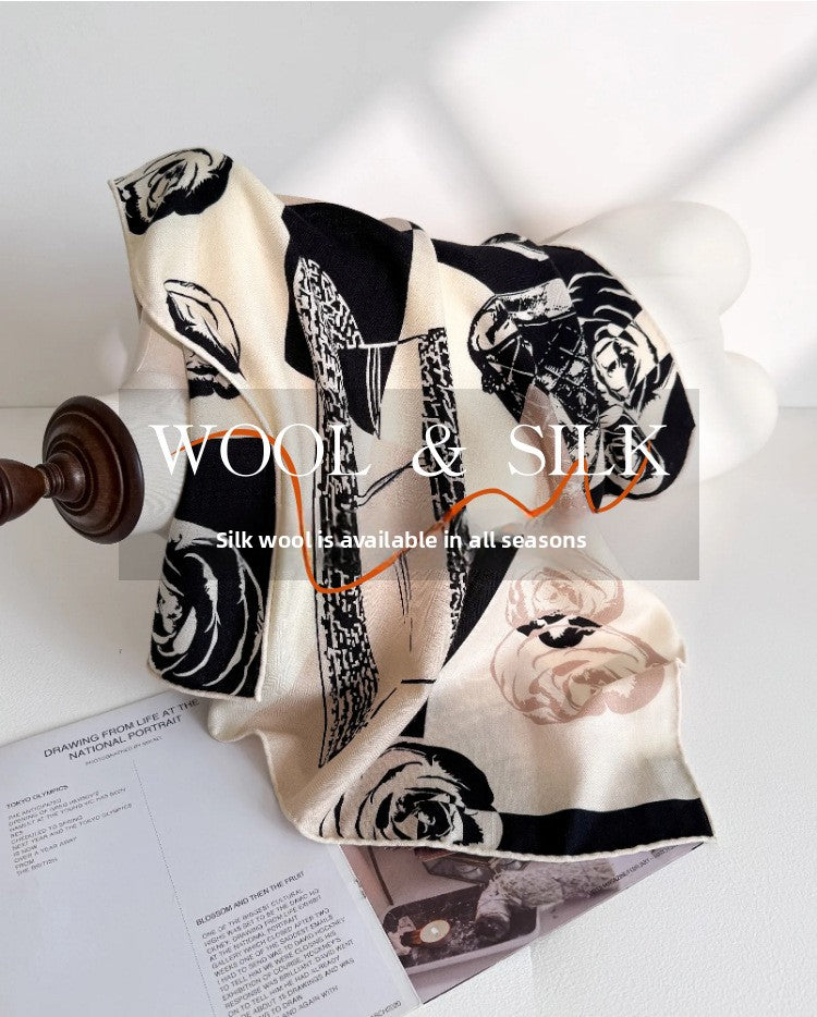 Premium Silk Camellia Scarf Women 65cm Black White French